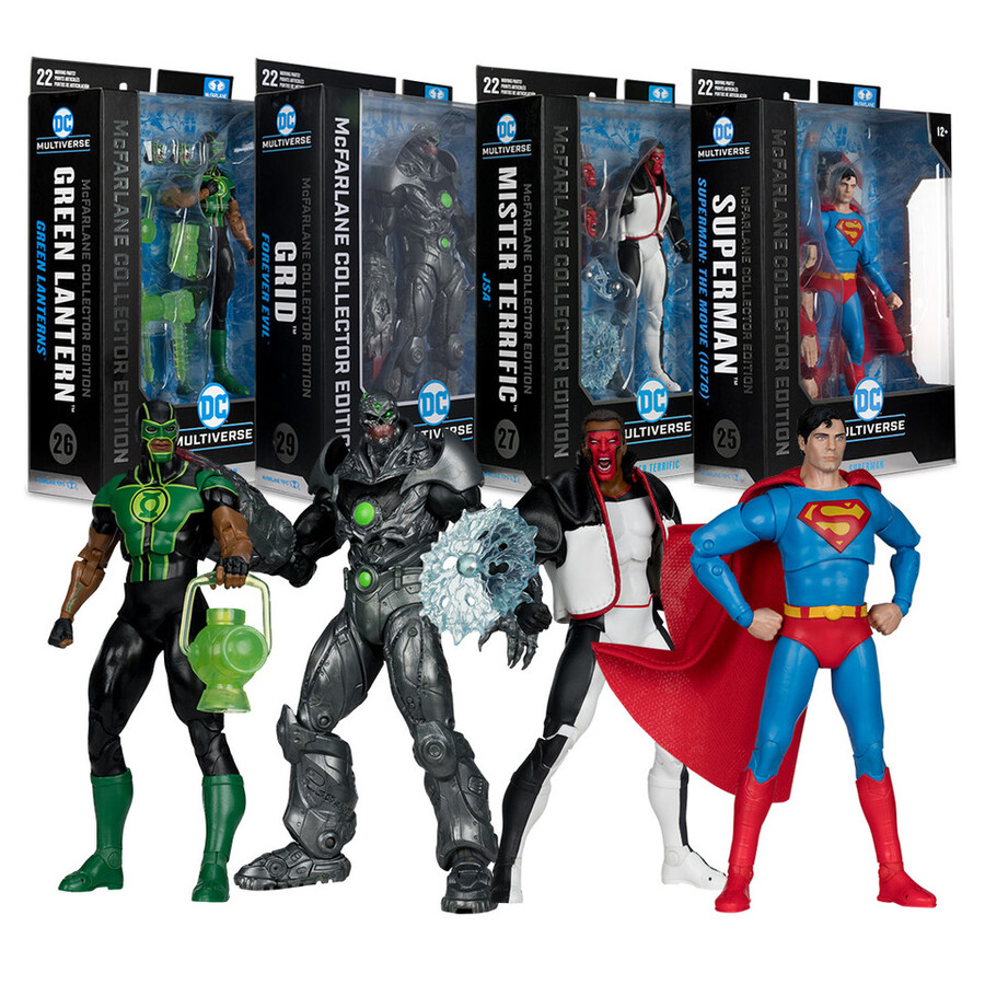 linterna verde simon baz grid forever evil mister terrific jsa y superman superman película de 1978. edición de coleccionista de mcfarlane 4 figuras de 7.