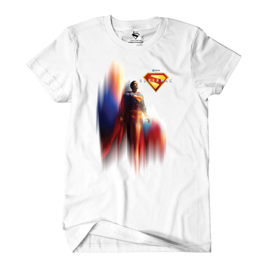 camiseta blanca con el póster de la película superman de 2025 mira hacia arriba