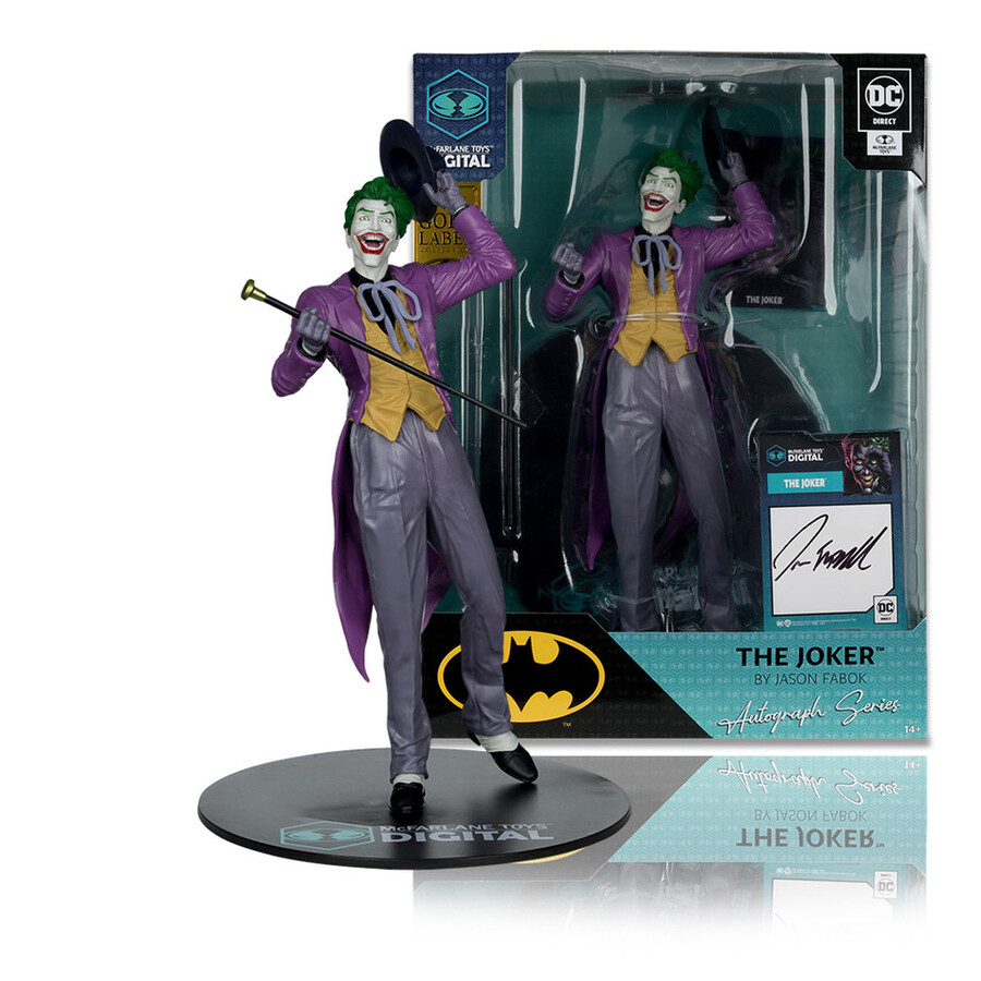 estatua de pvc a escala 16 de el guasón de jason fabok los tres jokers edición autograph con coleccionable digital de mcfarlane toys