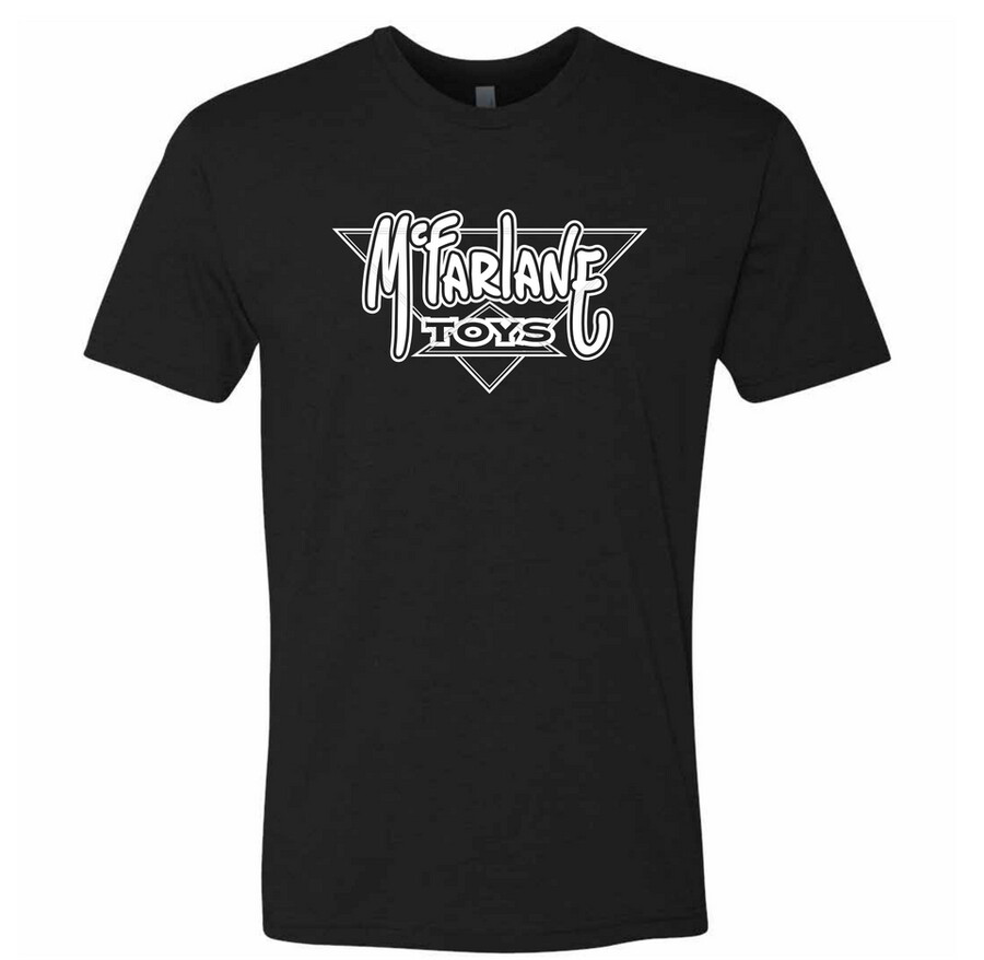 camiseta exclusiva blanca y negra con el logotipo retro de mcfarlane toys