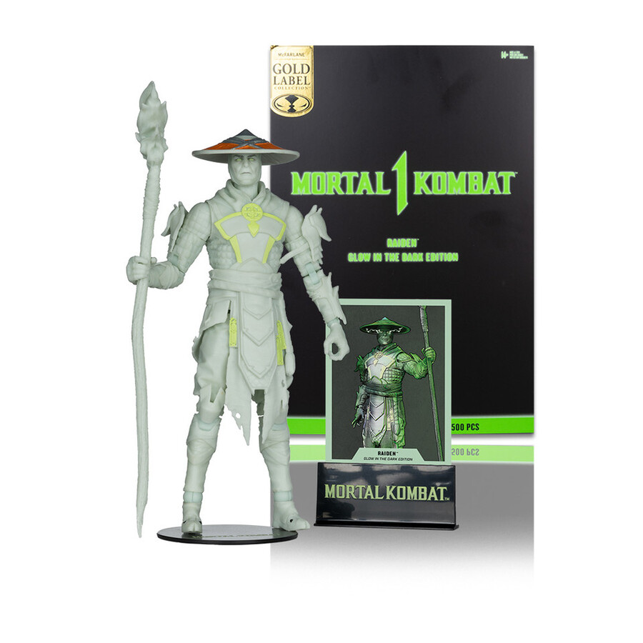 figura de raiden mortal kombat edición glow in the dark gold label de 7
