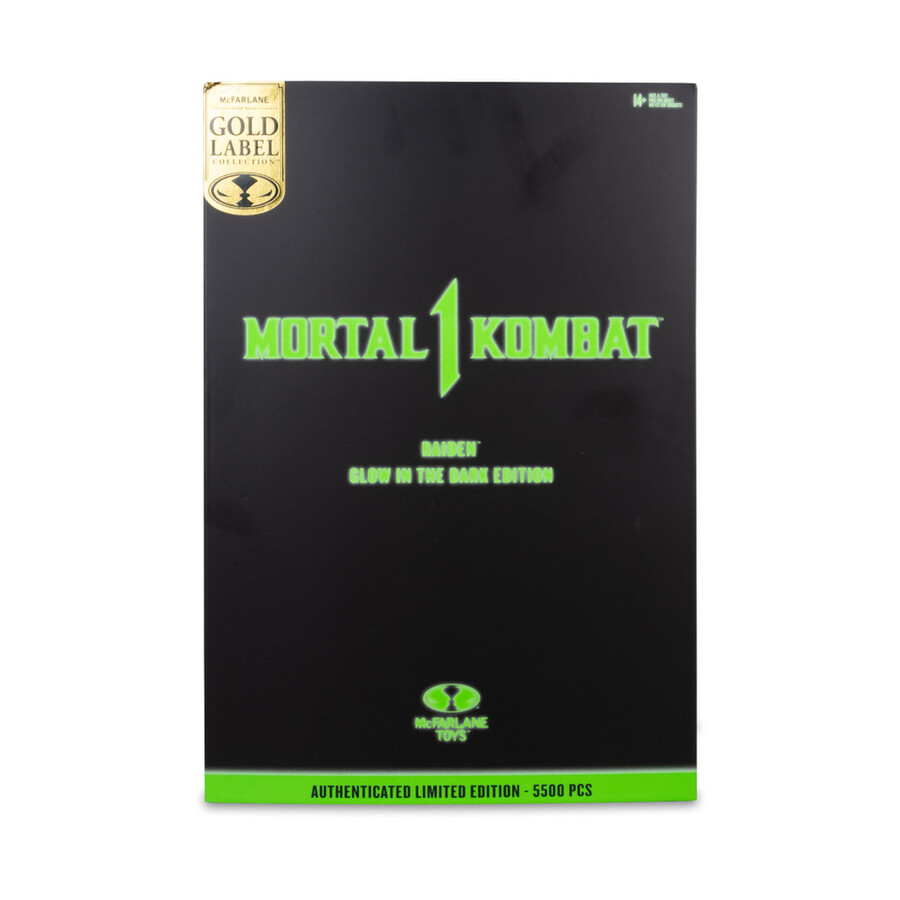 figura de raiden mortal kombat edición glow in the dark gold label de 7