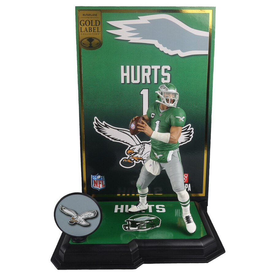 figura de 7 de la nfl gold label de jalen hurts con camiseta de kelly green philadelphia eagles de mcfarlanes sportspicks exclusiva de la tienda de juguetes mcfarlane