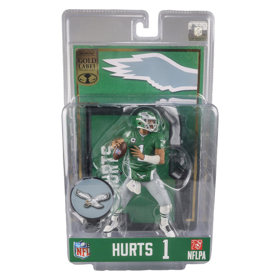 figura de 7 de la nfl gold label de jalen hurts con camiseta de kelly green philadelphia eagles de mcfarlanes sportspicks exclusiva de la tienda de juguetes mcfarlane