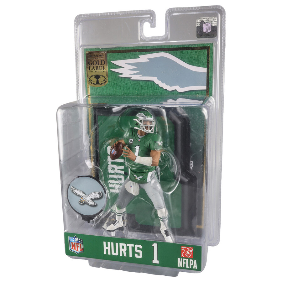 figura de 7 de la nfl gold label de jalen hurts con camiseta de kelly green philadelphia eagles de mcfarlanes sportspicks exclusiva de la tienda de juguetes mcfarlane