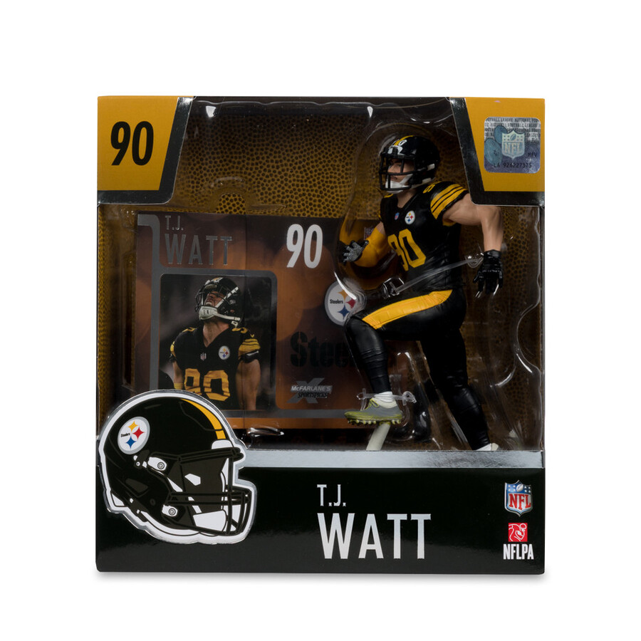 figura de 18 cm de tj watt con uniforme de los pittsburgh steelers fútbol de la nfl. mcfarlanes sportspicks.