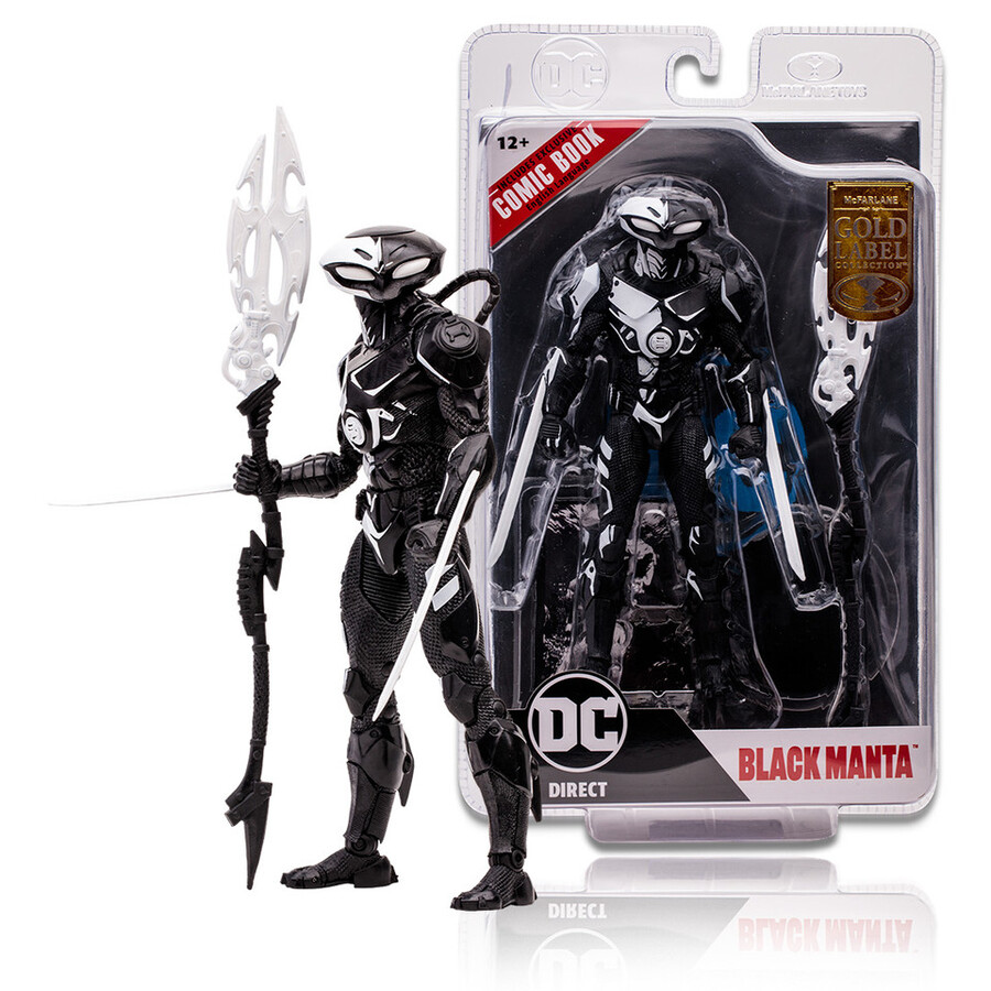 figura de 7 de black manta line art perforadoras de páginas con etiqueta dorada y cómic de batman