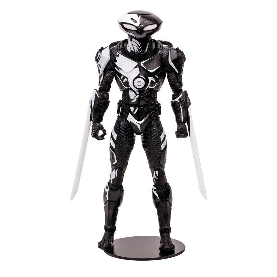 figura de 7 de black manta line art perforadoras de páginas con etiqueta dorada y cómic de batman