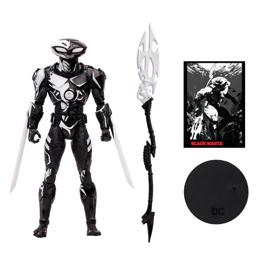 figura de 7 de black manta line art perforadoras de páginas con etiqueta dorada y cómic de batman