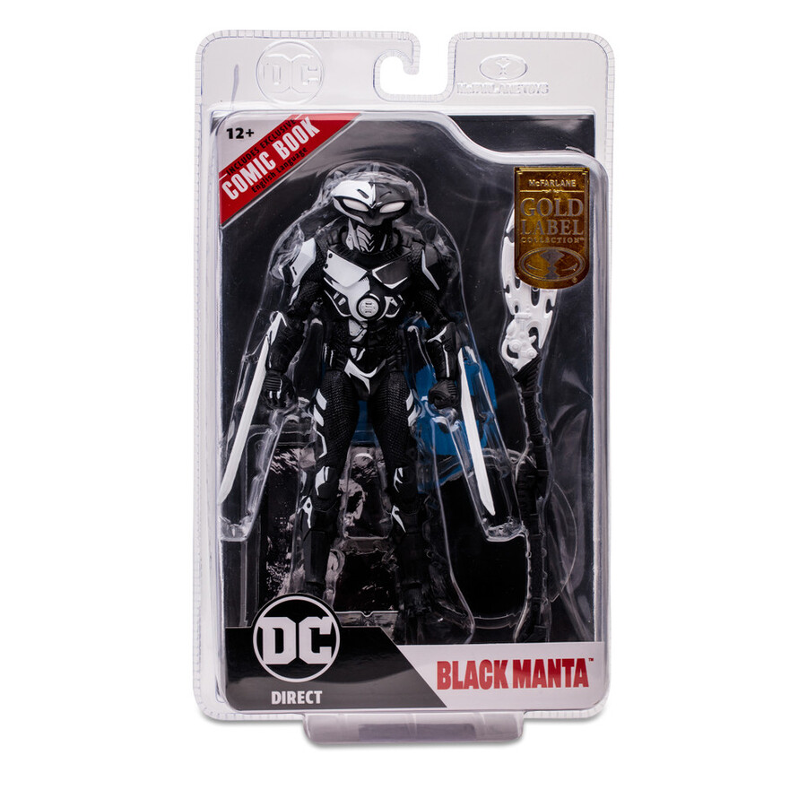 figura de 7 de black manta line art perforadoras de páginas con etiqueta dorada y cómic de batman