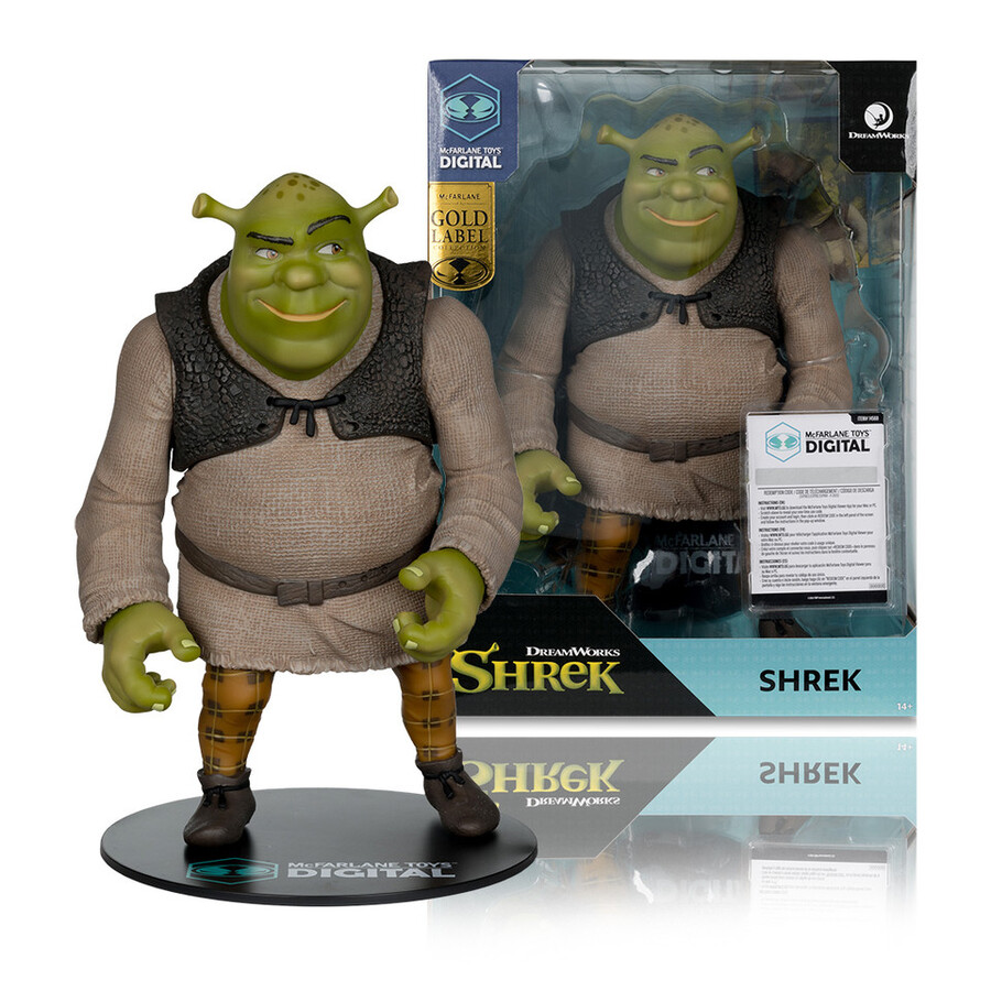 figura posada de shrek movie maniacs shrek de 12 con coleccionable digital. etiqueta dorada exclusiva de mcfarlane toys store.