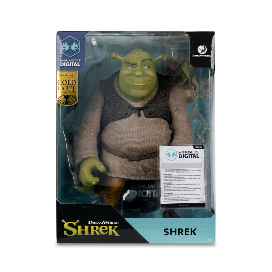 figura posada de shrek movie maniacs shrek de 12 con coleccionable digital. etiqueta dorada exclusiva de mcfarlane toys store.