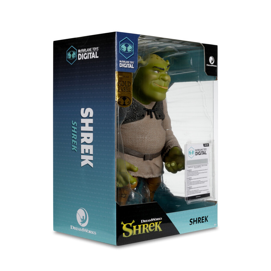 figura posada de shrek movie maniacs shrek de 12 con coleccionable digital. etiqueta dorada exclusiva de mcfarlane toys store.